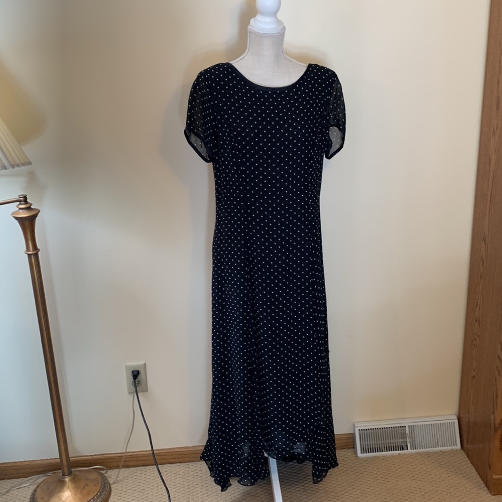 Summer chiffon high low dress. Black white polka dots